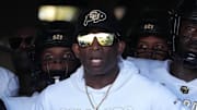 Oct 28, 2023; Pasadena, California, USA; Colorado Buffaloes head coach Deion Sanders enters the field before the game against the UCLA Bruins at Rose Bowl. UCLA defeated Colorado 28-16.