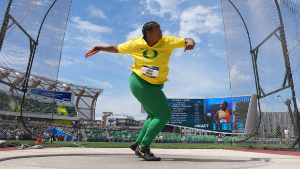 Jun 8, 2024; Eugene, OR, USA; Jaida Ross of Oregon places 14th in the women's discus at 180-5 (54.99m) during the NCAA Track and Field Championships at Hayward Field. Mandatory Credit: Kirby Lee-USA TODAY Sports