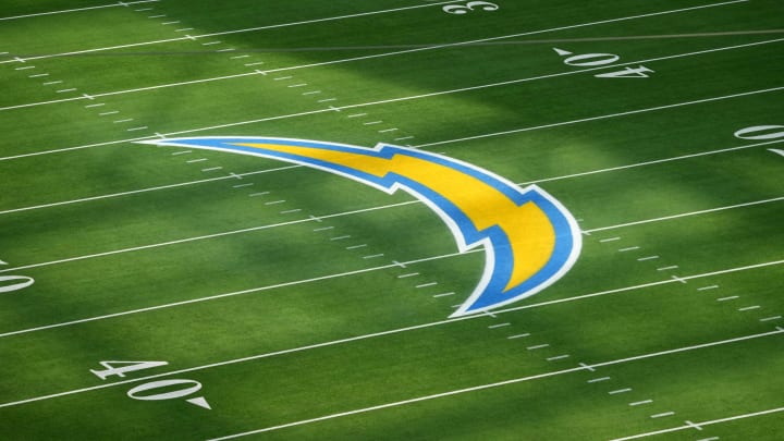 Dec 11, 2022; Inglewood, California, USA; The Los Angeles Chargers bolt logo at midfield before the game against the Miami Dolphins at SoFi Stadium. Mandatory Credit: Kirby Lee-USA TODAY Sports