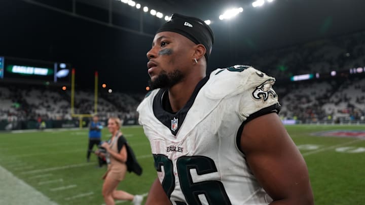 Barkley leaves the field after the 2024 NFL Sao Paolo Game against the Green Bay Packers.