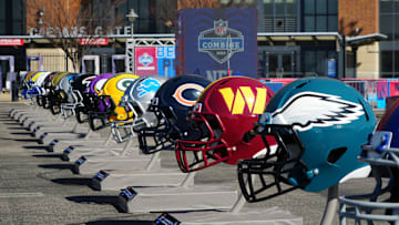 Feb 28, 2024; Indianapolis, IN, USA; A general view of large Philadelphia Eagles, Washington Commanders and Chicago Bears helmets at the NFL Scouting Combine Experience at Lucas Oil Stadium. Mandatory Credit: Kirby Lee-Imagn Images
