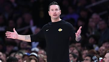 Mar 17, 2025; Los Angeles, California, USA; Los Angeles Lakers coach JJ Redick reacts in the second half against the San Antonio Spurs at Crypto.com Arena. Mandatory Credit: Kirby Lee-Imagn Images