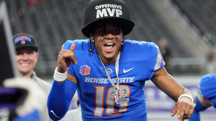 Dec 2, 2023; Las Vegas, NV, USA; Boise State Broncos quarterback Taylen Green (10) reacts after being named the most valuable offensive player after 44-20 victory over the UNLV Rebels in the Mountain West Championship at Allegiant Stadium. Mandatory Credit: Kirby Lee-USA TODAY Sports