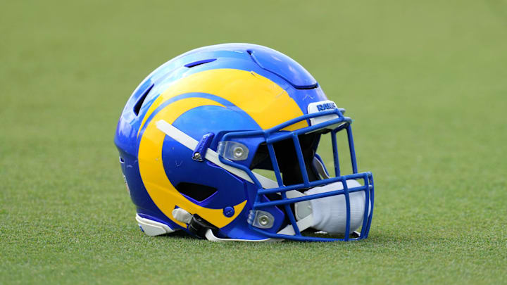Aug 19, 2021; Thousand Oaks, CA, USA; A detailed view of a Los Angeles Rams helmet during a joint practice against the Las Vegas Raiders. Mandatory Credit: Kirby Lee-Imagn Images
