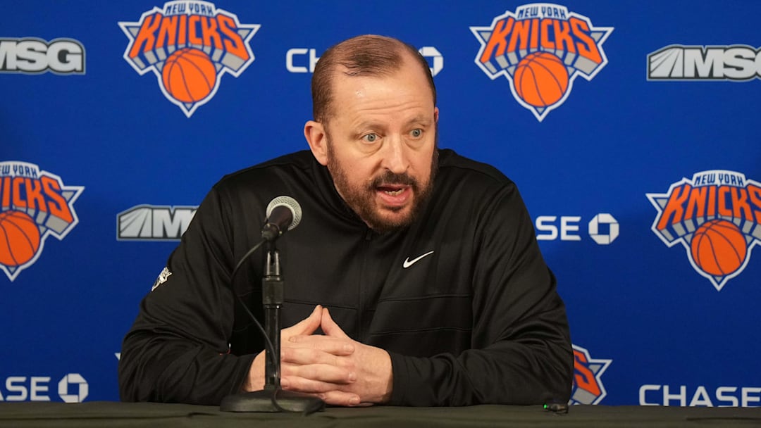 Mar 7, 2025; Inglewood, California, USA; New York Knicks coach Tom Thibodeau at a press conference at the Intuit Dome. Mandatory Credit: Kirby Lee-Imagn Images