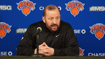 Mar 7, 2025; Inglewood, California, USA; New York Knicks coach Tom Thibodeau at a press conference at the Intuit Dome. Mandatory Credit: Kirby Lee-Imagn Images