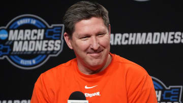 Mar 29, 2024; Los Angeles, CA, USA; Clemson Tigers coach Brad Brownell at a press conference at Crypto.com Arena