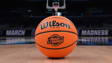 Mar 27, 2024; Los Angeles, CA, USA; A Wilson official Evo NXT game basketball with March Madness and Elite 8 and Sweet 16 logo at Crypto.com Arena. Mandatory Credit: Kirby Lee-Imagn Images