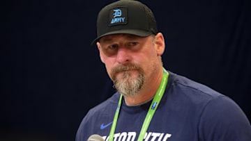 Detroit Lions coach Dan Campbell speaks during the NFL Scouting Combine at the Indiana Convention Center.