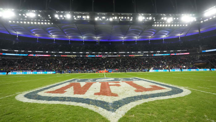 Nov 12, 2023; Frankfurt, Germany; The NFL shield logo at midfield during an NFL International Series