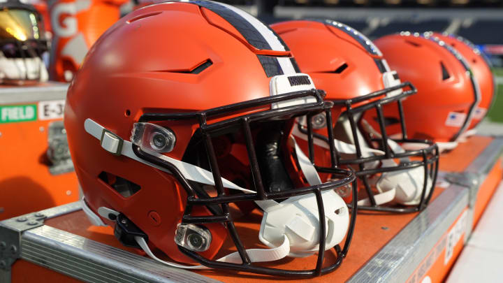 Dec 3, 2023; Inglewood, California, USA; Riddell speedflex Cleveland Browns helmets on the sidelines at SoFi Stadium.