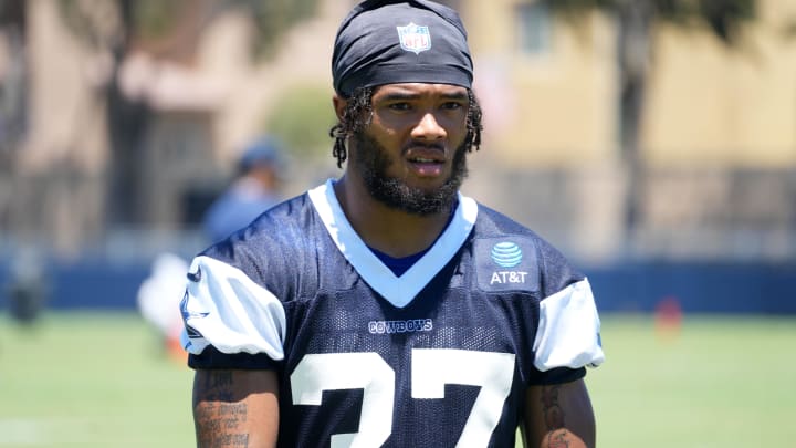 Jul 27, 2023; Oxnard, CA, USA; Dallas Cowboys cornerback Eric Scott (37) during training camp at Marriott Residence Inn-River Ridge Playing Fields. 