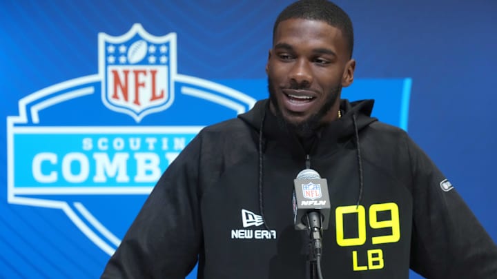 Feb 26, 2025; Indianapolis, IN, USA; Florida linebacker Shemar James (LB09) during the 2025 NFL Scouting Combine at the Indiana Convention Center. Mandatory Credit: Kirby Lee-Imagn Images