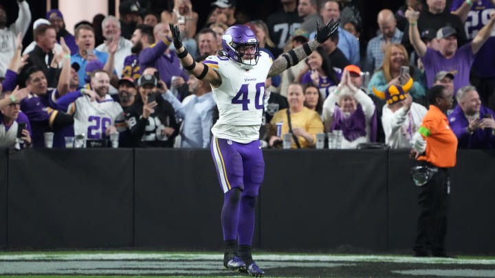 Dec 10, 2023; Paradise, Nevada, USA; Minnesota Vikings linebacker Ivan Pace Jr. (40) celebrates after an interception against the Las Vegas Raiders in the second half at Allegiant Stadium.