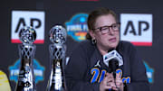 Apr 3, 2025; Tampa, FL, USA; UCLA Bruins coach Cori Close speaks after receiving the AP Coach of the Year trophy during press conference at Amalie Arena. Mandatory Credit: Kirby Lee-Imagn Images