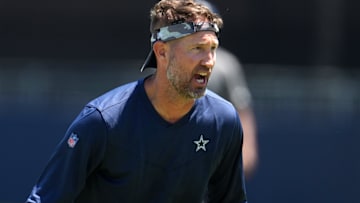 Dallas Cowboys head coach Brian Schottenheimer during training camp at Marriott Residence Inn-River Ridge Playing Fields.