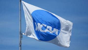 Jun 10, 2025; Eugene, OR, USA; A NCAA logo flag at the NCAA Track and Field Championships at Hayward Field. Mandatory Credit: Kirby Lee-Imagn Images