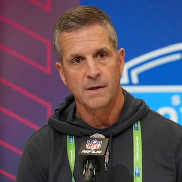 Feb 25, 2025; Indianapolis, IN, USA; Baltimore Ravens coach John Harbaugh speaks during the NFL Scouting Combine at the Indiana Convention Center. Mandatory Credit: Kirby Lee-Imagn Images