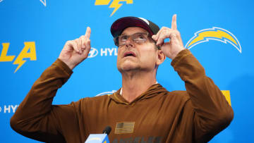 Jun 13, 2024; Costa Mesa, CA, USA; Los Angeles Chargers head coach Jim Harbaugh at a press conference.