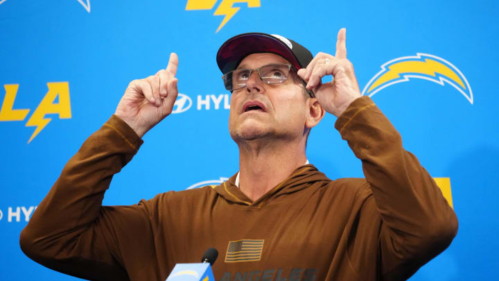 Jun 13, 2024; Costa Mesa, CA, USA; Los Angeles Chargers head coach Jim Harbaugh at a press conference.