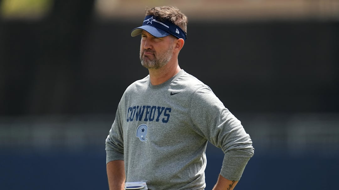Jul 29, 2023; Oxnard, CA, USA; Dallas Cowboys offensive coordinator Brian Schottenheimer during training camp at the River Ridge Fields. Mandatory Credit: Kirby Lee-Imagn Images