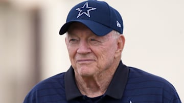 Jul 26, 2025; Oxnard, CA, USA; Dallas Cowboys owner Jerry Jones at training camp at the River Ridge Fields. Mandatory Credit: Kirby Lee-Imagn Images