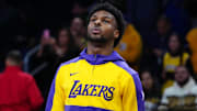 Mar 17, 2025; Los Angeles, California, USA; Los Angeles Lakers guard Bronny James during the game against the San Antonio Spurs at the Crypto.com Arena. Mandatory Credit: Kirby Lee-Imagn Images
