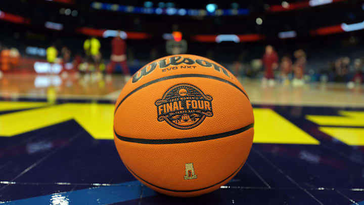 A Wilson EVO Nxt basketball ball with the 2025 NCAA Women's Final Four logo at Amalie Arena. 