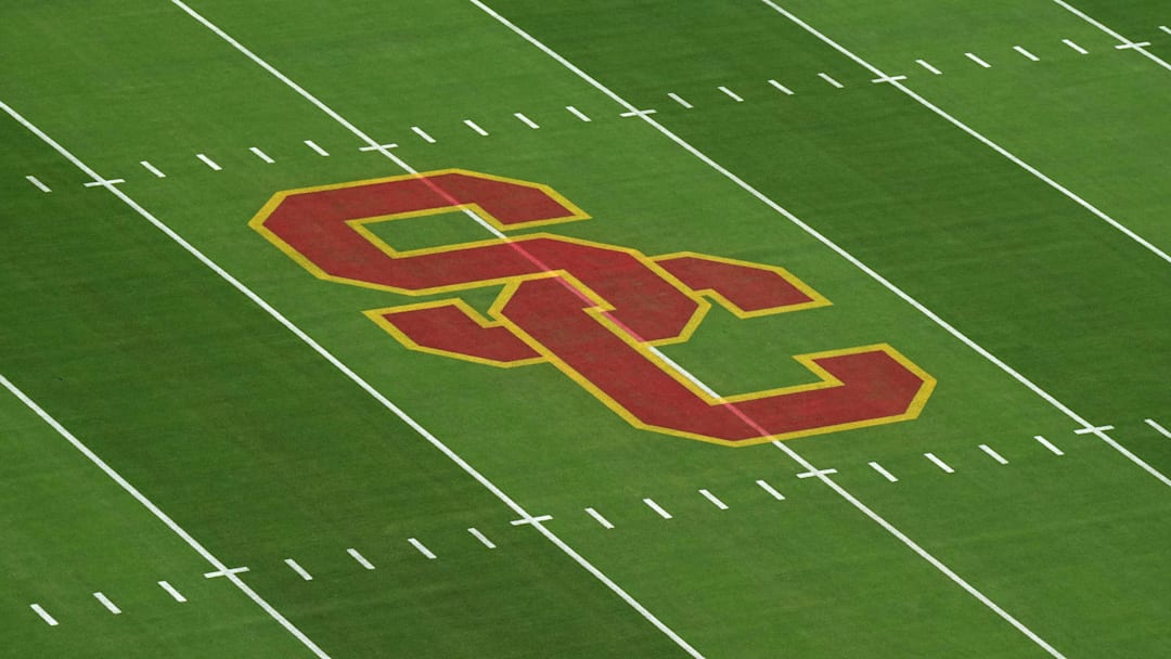 Sep 17, 2022; Los Angeles, California, USA; The SC Trojans logo at midfield at United Airlines Field at Los Angeles Memorial Coliseum before a game between the Fresno State Bulldogs and the Southern California Trojans. Mandatory Credit: Kirby Lee-USA TODAY Sports