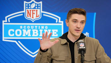 Feb 25, 2025; Indianapolis, IN, USA; Jacksonville Jaguars general manger James Gladstone speaks during the NFL Scouting Combine at the Indiana Convention Center. 