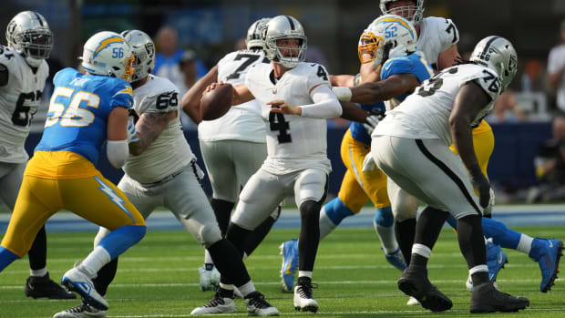 Sep 11, 2022; Raiders quarterback Derek Carr (4) throws the ball against the Los Angeles Chargers