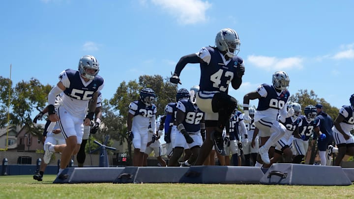 Dallas Cowboys defensive players run drills at training camp at the River Ridge Fields in Oxnard
