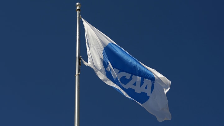 Jun 6, 2024; Eugene, OR, USA;  A NCAA logo flag at the NCAA Track and Field Championships at Hayward Field.