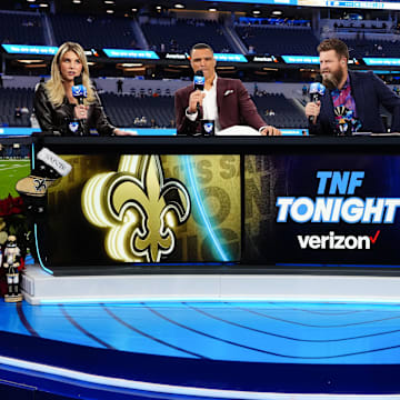 Amazon Prime Thursday Night Football broadcasters from left: Charissa Thompson, Tony Gonzalez, Ryan Fitzpatrick, Andrew Whitworth and Richard Sherman during the game between the Los Angeles Rams and the New Orleans Saints SoFi Stadium last season.