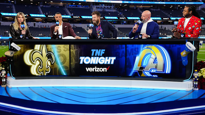 Amazon Prime Thursday Night Football broadcasters from left: Charissa Thompson, Tony Gonzalez, Ryan Fitzpatrick, Andrew Whitworth and Richard Sherman during the game between the Los Angeles Rams and the New Orleans Saints SoFi Stadium last season.