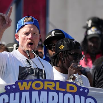 Feb 16, 2022; Los Angeles, CA, USA; Los Angeles Rams general manager Les Snead speaks during Super Bowl LVI championship rally at the Los Angeles Memorial Coliseum. Mandatory Credit: Kirby Lee-Imagn Images