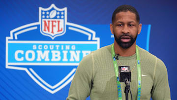 Feb 25, 2025; Indianapolis, IN, USA; Cleveland Browns general manager Andrew Berry speaks during the NFL Scouting Combine at the Indiana Convention Center.