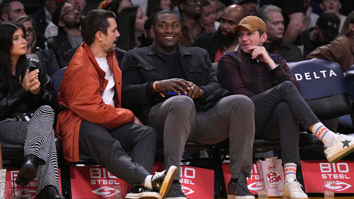 Jan 16, 2023; Los Angeles, California, USA; Metta Sandiford-Artest  aka Ron Artest and Metta World Peace (centeR) attends the game between the Los Angeles Lakers and the Houston Rockets at Crypto.com Arena. 