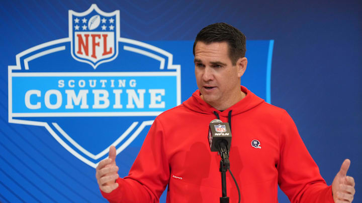 Feb 25, 2025; Indianapolis, IN, USA; New York Giants general manager Joe Schoen speaks during the NFL Scouting Combine at the Indiana Convention Center. Mandatory Credit: Kirby Lee-Imagn Images