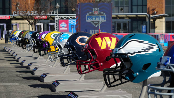 Feb 28, 2024; Indianapolis, IN, USA; A general view of large Philadelphia Eagles, Washington Commanders and Chicago Bears helmets at the NFL Scouting Combine Experience at Lucas Oil Stadium. Mandatory Credit: Kirby Lee-USA TODAY Sports