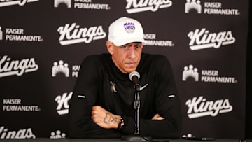 Mar 9, 2025; Inglewood, California, USA; Sacramento Kings coach Doug Christie at a press conference at Intuit Dome. Mandatory Credit: Kirby Lee-Imagn Images