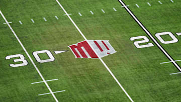 Dec 2, 2023; Las Vegas, NV, USA; The Mountain West conference logo on the field at Allegiant Stadium. Mandatory Credit: Kirby Lee-Imagn Images