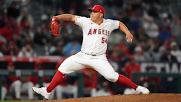 Apr 22, 2024; Anaheim, California, USA; Los Angeles Angels pitcher Jose Suarez (54) throws in the ninth inning against the Baltimore Orioles at Angel Stadium.