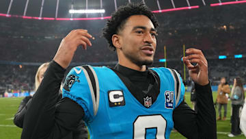 Nov 10, 2024; Munich, Germany; Carolina Panthers quarterback Bryce Young (9) reacts after the game against the New York Giants during the 2024 NFL Munich Game at Allianz Arena. Mandatory Credit: Kirby Lee-Imagn Images