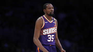 Mar 16, 2025; Los Angeles, California, USA; Phoenix Suns forward Kevin Durant (35) reacts against the Los Angeles Lakers in the second half at Crypto.com Arena. Mandatory Credit: Kirby Lee-Imagn Images