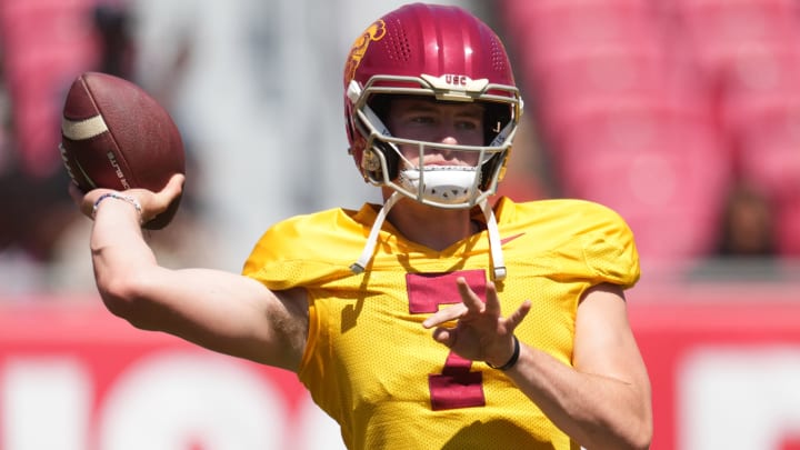 Apr 23, 2022; Los Angeles, CA, USA; Southern California Trojans quarterback Miller Moss (7) throws the ball during the spring game at the Los Angeles Memorial Coliseum. Mandatory Credit: Kirby Lee-USA TODAY Sports