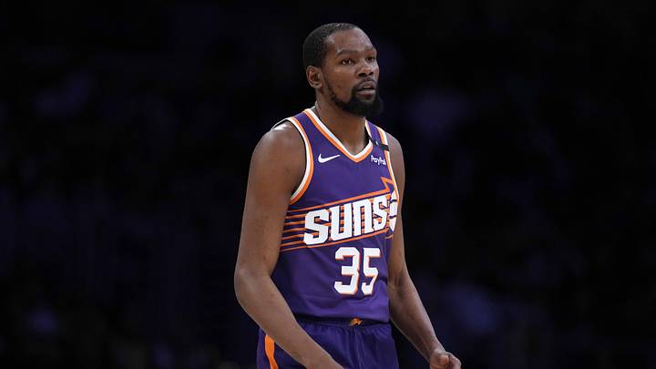 Mar 16, 2025; Los Angeles, California, USA; Phoenix Suns forward Kevin Durant (35) reacts against the Los Angeles Lakers in the second half at Crypto.com Arena. Mandatory Credit: Kirby Lee-Imagn Images