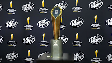 Jan 7, 2024; Houston, TX, USA; The College Football Playoff national championship trophy at the CFP Fan Central.