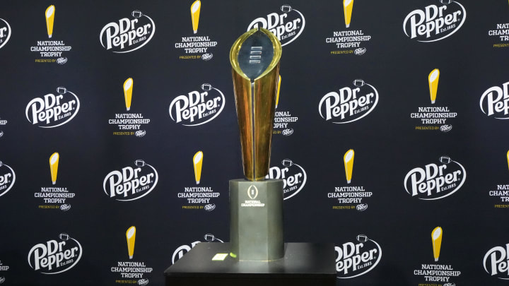 Jan 7, 2024; Houston, TX, USA; The College Football Playoff national championship trophy at the CFP Fan Central.