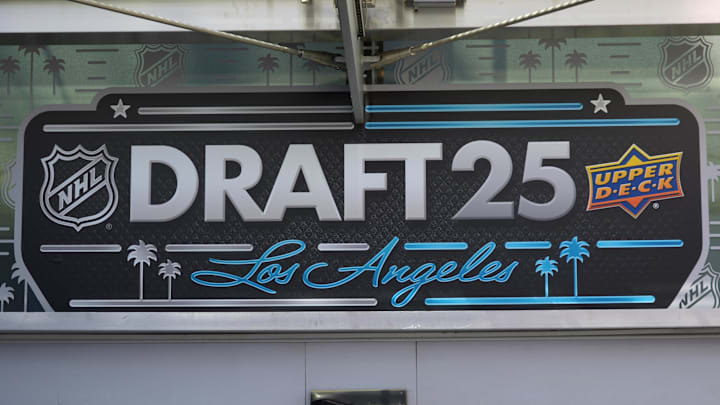 Jun 26, 2025; Los Angeles, California, USA; NHL Draft 25 Los Angeles signage at the JW Marriott Los Angeles LA Live. Mandatory Credit: Kirby Lee-Imagn Images
